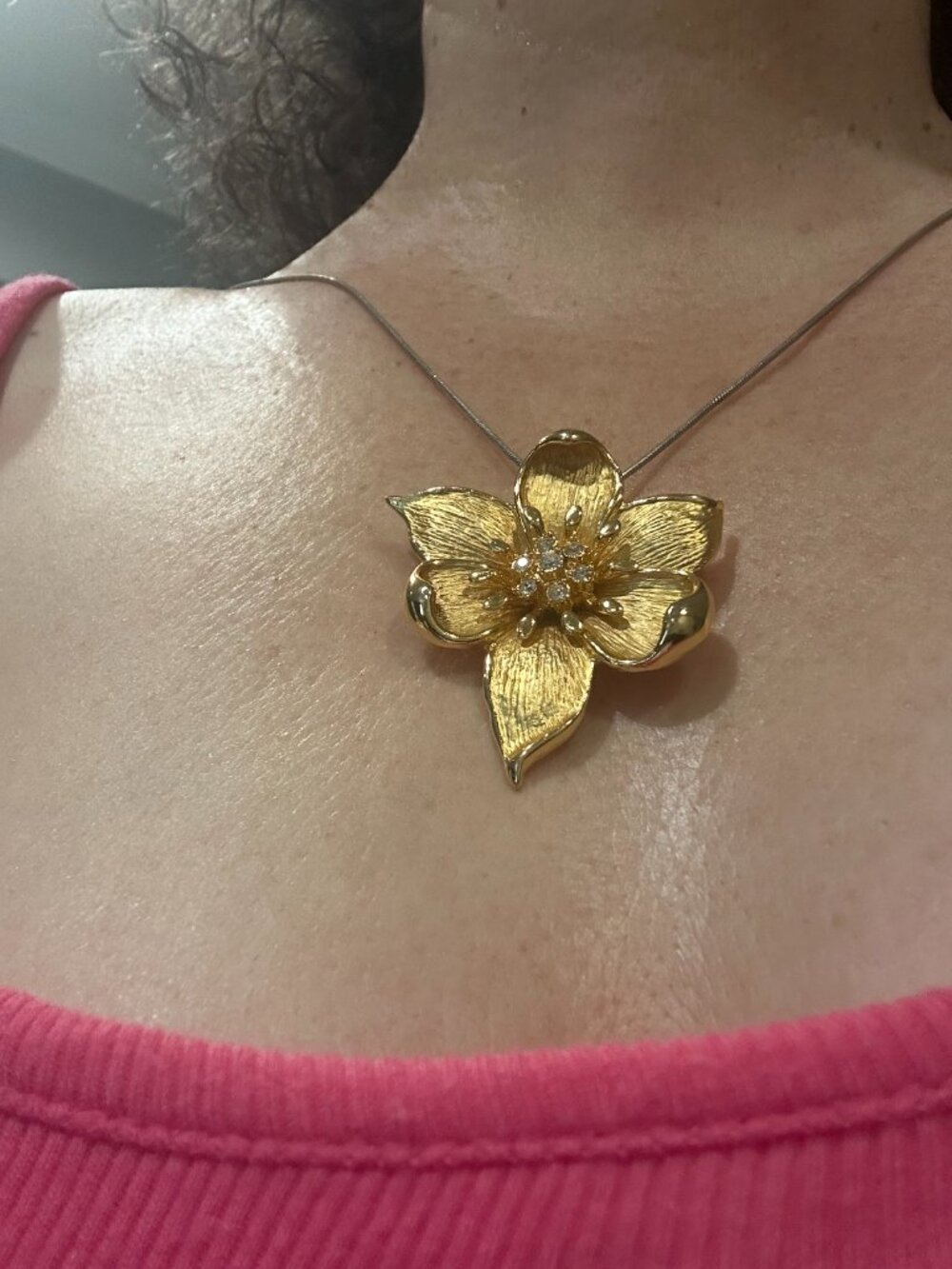 Vintage Brooch Gold Tone Clear Rhinestone Flower Pin, Pendant Designer